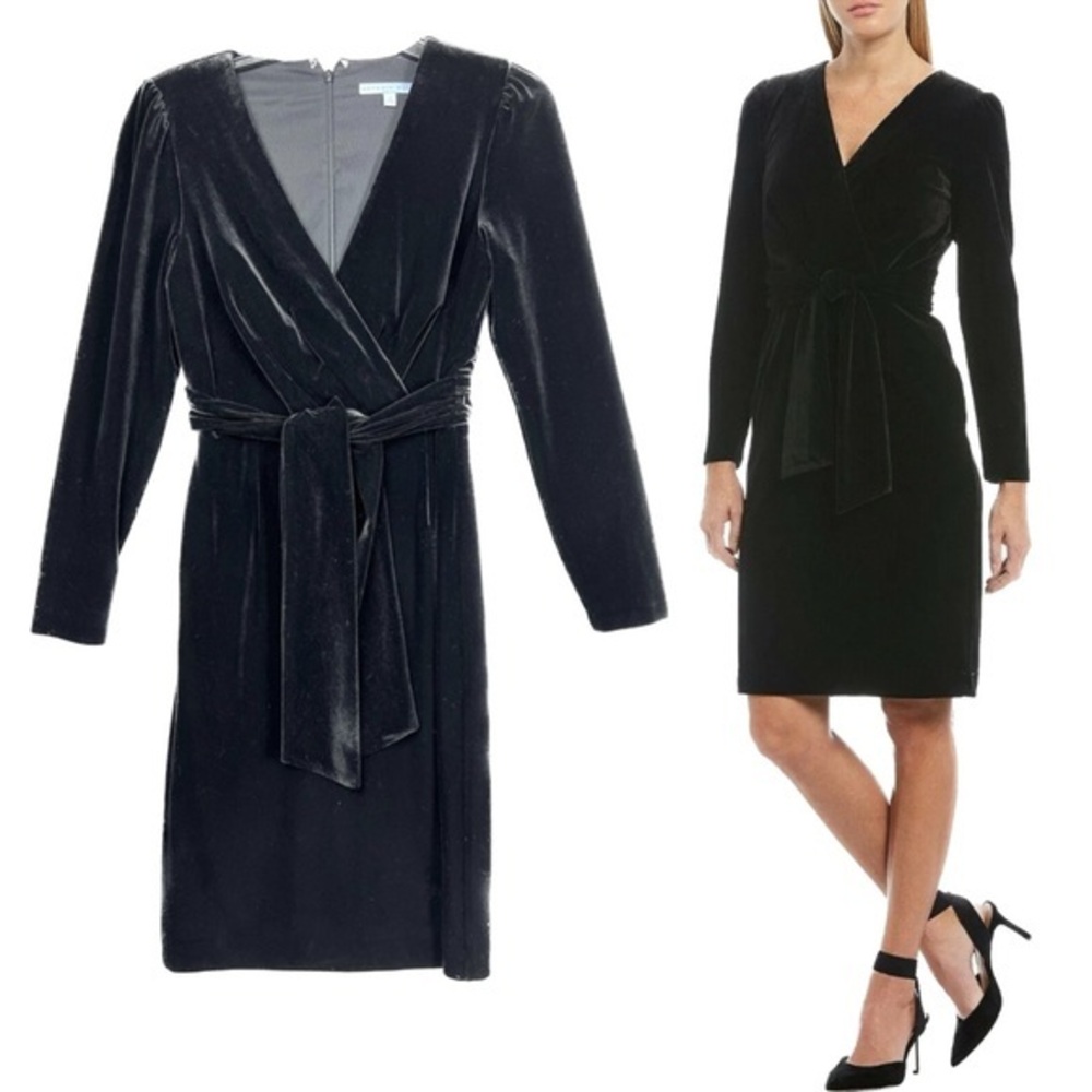 Antonio Melani Velvet Stretch Long Sleeve Tie at the Waist Black V Neck Dress